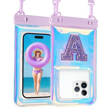 Imagem de Bolsa impermeável flutuante para celular, bolsa seca para iPhone 16 15 14 13 12 11 Pro Max, Galaxy S25 S24 S23 S22 Ultra Google, até 7,5 polegadas, letra A iridescente