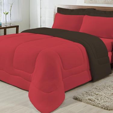 Imagem de Kit 5 Peças Edredom Casal 100% Algodão Vermelho com Tabaco