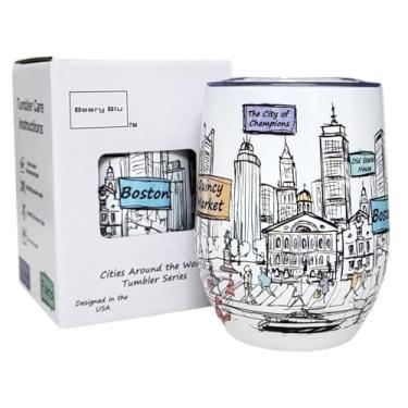 Imagem de Beary Blu Cidades ao redor do mundo Série de copos de 355 ml - Projetado nos EUA - Copo isolado a vácuo com tampas - Caneca de viagem de aço inoxidável para vinho e café, água, para bebida quente e