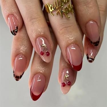 Imagem de Unhas curtas de amêndoa, unhas falsas nude com ponta francesa branca e design minimalista de linha dourada com cola gelatinosa, 24 peças