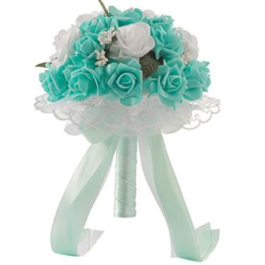 Imagem de Yalych Rosas de casamento de dama de honra artificial flores de seda buquê de cristal decoração de casa detalhes de casamento adereços flores artificiais (cor: verde, tamanho: tamanho único)