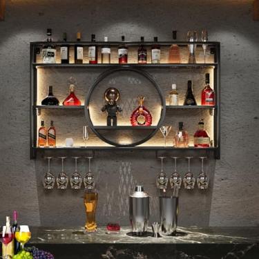 Imagem de Rack de vinho moderno montado na parede, suporte para copos de vinho com luz LED, prateleira de exibição de garrafa de bar, suporte de parede para copos de vinho, prateleiras de bar para garrafas de