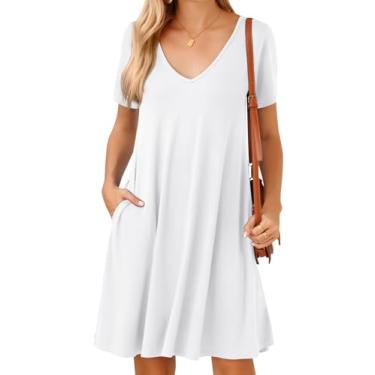 Imagem de JollieLovin Vestido feminino casual de verão 2024 com decote em V plus size camiseta de manga curta vestido de sol solto, Branco-decote em V, 3X