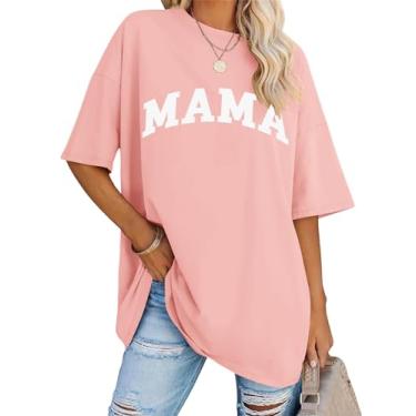Imagem de LOMON Camisetas femininas grandes de manga curta gola redonda para o verão, camisetas soltas, casuais, para mamãe, camiseta básica, Letra rosa claro mamãe, GG