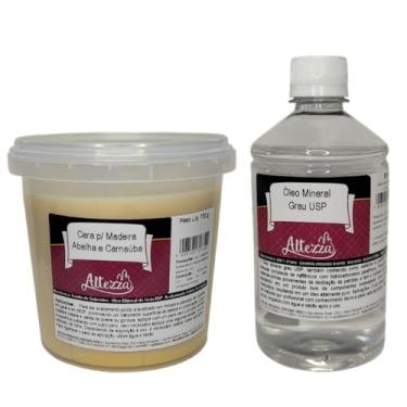 Imagem de Kit Cera Para Madeira de Abelha com Carnaúba 700g + Óleo Mineral Grau USP 500ml Para Tábua de Carne, Tábua de Corte, Móveis, Gamelas, Utensílios de Madeira, Atóxico, Brilho e Proteção - Altezza