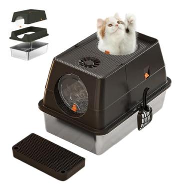 Imagem de Caixa de areia grande de aço inoxidável fechada para gatos com tampa, caixa de areia de gatinho de metal com capa flip, tampa removível e colher de areia, caixas de areia altas cobertas à prova de