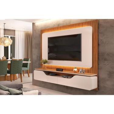 Imagem de Painel Home Para Tv Até 70 Polegadas Treviso Ripado 100% Mdf Com Led 210x180cm Off White-freijó - Dj Móveis
