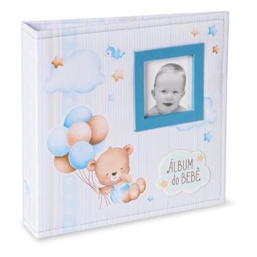 Imagem de Álbum de fotos Ical, encadernação fichário, para 150 fotos (sendo 100 10x15cm + 50 15x21cm) - envelope plástico branco - linha Bebê - capa em tecido - modelo azul urso balões com janela - 867