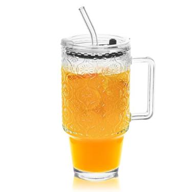 Imagem de Icesip Copos de vidro de 680.4 g com alças canudos, copos de café gelado, à prova de vazamento, copo resistente para bebida fria, Smoothie Boba Tea (begônia com tampa de plástico)