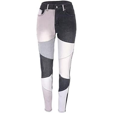 Imagem de Jeas Wome Wome Elegante Patchwork Cotrast Jeas Slim Jeas, Black, S