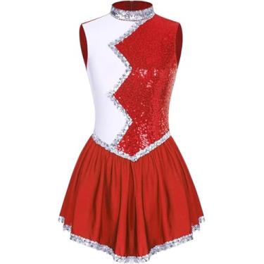 Imagem de Traje De Dança Feminino Patinação Artística No Gelo Traje De Ballet Dança Collant Vestido Brilhante Lantejoulas Bloco De Cor Dancewear Sem Mangas Macacão De Ginástica, Red, XL
