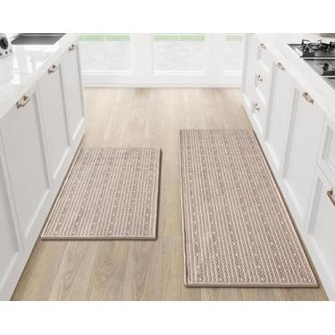 Imagem de eqivei Tapetes e tapetes de cozinha antiderrapantes laváveis conjunto de 2 peças, tapetes absorventes para cozinha, frente da pia, 50,8 cm x 119,4 cm + 50,8 cm x 81,3 cm (bege, 51 cm x 119 cm + 51 cm