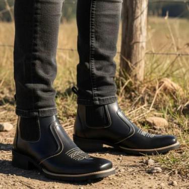 Imagem de Bota Texana Country Masculina Botina Couro Vaqueta Bordada Vaquejada R