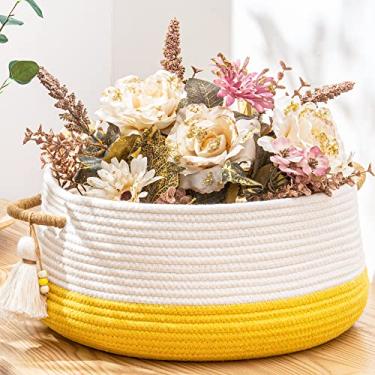 Imagem de KAKAMAY Cestas de tecido para armazenamento (40,64 cm x 20,32 cm), cesta de cobertor para organizar a sala de estar, cesta de algodão tecido cesto de lavanderia de tecido, organização de lavanderia dobrável, roupas, baú de brinquedos (amarelo)