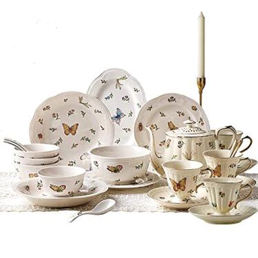 Imagem de Conjuntos de louça para 4 conjuntos de jantar de porcelana, conjunto de pratos de estilo pastoral europeu, pratos, tigelas, bule de chá e xícaras para cozinha doméstica e jantar, 1 bule de chá