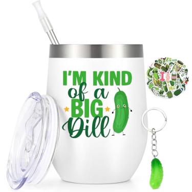 Imagem de Lifecapido Pickle Gifts, I'm Kind of A Big Dill Copo de vinho isolado de aço inoxidável de 340 g com chaveiro e adesivos, presentes de aniversário e Natal para amantes de picles, branco