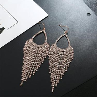 Imagem de Brincos femininos luxuosos com franja de zircônia cúbica banhada a ouro, corrente de cristal, pingente de anzol, elegante, festa de casamento, formatura, Medium, Metal, Zircônia cúbica sintética