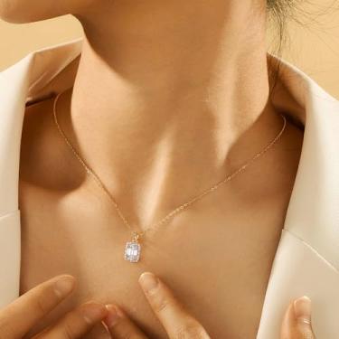 Imagem de Colar feminino banhado a ouro rosa/branco 14 K - Pingente delicado de halo de zircônia cúbica com corte esmeralda, hipoalergênico, não mancha, presente de aniversário de Natal, joias modernas, 16+2