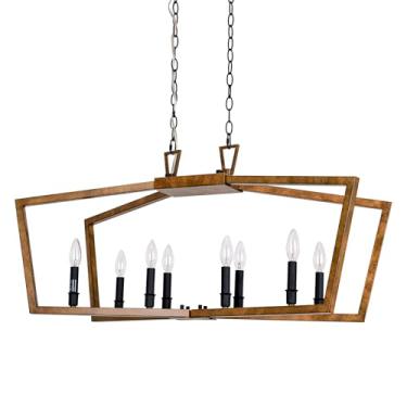 Imagem de GILGGAK Lustre geométrico retrô de bronze, luz pendente linear marrom antigo de 8 luzes para ilha de cozinha, sala de jantar sobre mesa, C 37 x L13