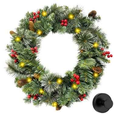 Imagem de Guirlanda de Natal artificial pré-iluminada de 61 cm com gancho de ventosa, frutas congeladas decoradas de pinheiro misto, pinhas, 50 luzes de LED, funciona a pilhas, decoração de férias para porta da