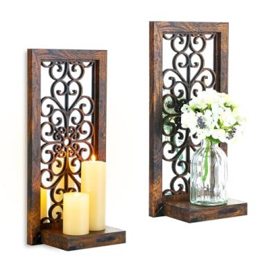 Imagem de Walasis Decoração de castiçal de parede de fazenda: Arandelas de vela rústica conjunto de dois para velas de pilar - Prateleiras de madeira marrom para lareira banheiro corredor