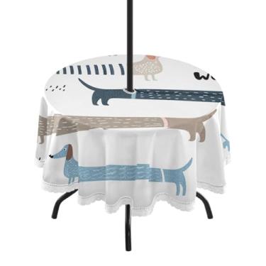 Imagem de Qilmy Linda toalha de mesa Dachshund redonda impermeável de 152 cm com orifício para guarda-chuva e zíper – uso externo / interno resistente para pátio, churrascos, piqueniques, festas (serve para
