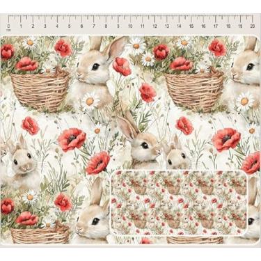 Imagem de Tecido Tricoline Digital Coleção Páscoa Campestre coelho e cestas de flor 50 x 150 cm