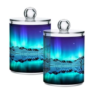 Imagem de Qilmy Beautiful Aurora Scenery Suporte Qtip pacote com 2, frascos de boticário de 400 ml, vasilha organizadora de banheiro para cotonetes, bolas de algodão, almofadas de maquiagem, fio dental, sais de