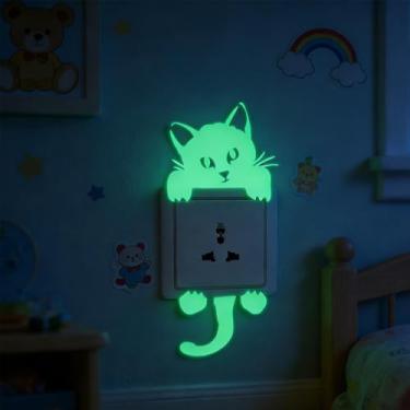 Imagem de Adesivos de parede luminosos para interruptor de luz que brilham no escuro adorável gato fofo animal de estimação padrão animal de estimação adesivos de parede decoração de interruptor de luz arte