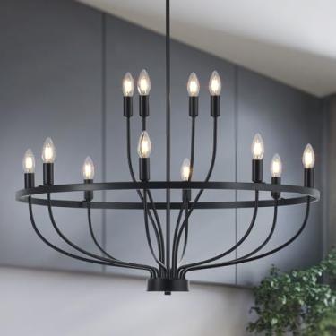 Imagem de Widluth Lustre preto industrial de 85 cm vintage 12 luzes estilo vela rústica lustres luminária retro fazenda lustre preto para sala de jantar, ilha de cozinha, sala de estar, E12