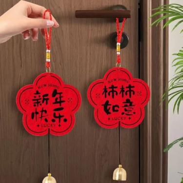 Imagem de 1 par de maçaneta de porta de Ano Novo Lunar Chinês no Exterior Pendurada Enfeite de Feltro Vermelho com Sino, Decoração Festiva para Apartamento, Dormitório, Escritório, Aluguel de Casa