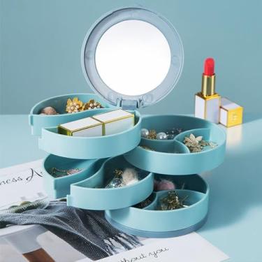Imagem de Estojo giratório para joias de viagem de 5 camadas com tampa e espelho - organizador portátil para brincos, anéis e pulseiras