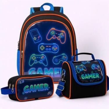 Imagem de Kit Mochila Escolar Gamer Infantil Masculino + Lancheira Transversal +