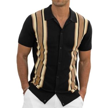 Imagem de NITAGUT Camisas polo masculinas vintage listradas tricô manga curta botão para baixo camisas de golfe, Amêndoa preta, G