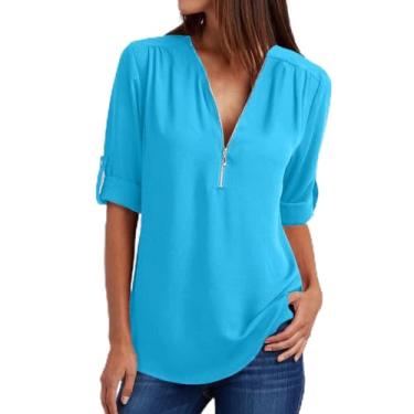 Imagem de Camisetas femininas de chiffon gola V para mulheres, caimento solto, longa, básica, outono, verão, 2024, moda Y2K, V-486 Azul claro, 5X-Large