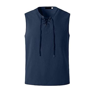Imagem de Coletes sem mangas para homens outono verão linho plissado camiseta regata básica colete masculino 2024 moderno ajuste regular, E-419 Azul-marinho, Medium