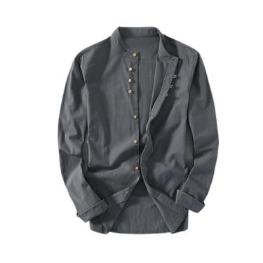 Imagem de Camisa masculina de algodão e linho manga longa Harajuku vintage simples versátil solta gola mandarim blusa tops roupas masculinas, Cinza escuro, P