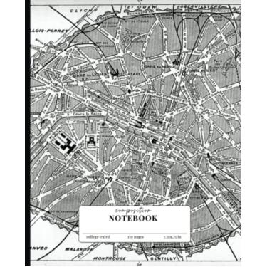 Imagem de Caderno de composição pautado na faculdade: preto e branco estética mapa vintage de Paris diário para trabalho, escritório, escola