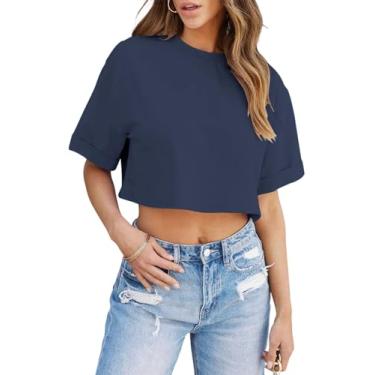Imagem de Tankaneo Camisetas femininas cropped meia manga ombro caído tops Y2K casual verão básico camisetas, Azul marino, GG