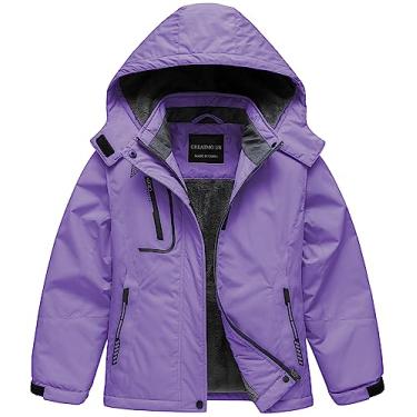 Imagem de CREATMO US Casaco de inverno para meninas, jaqueta de esqui para meninas, impermeável, infantil, ao ar livre, à prova de vento, forrado com lã, com capuz e neve roxo 10-12