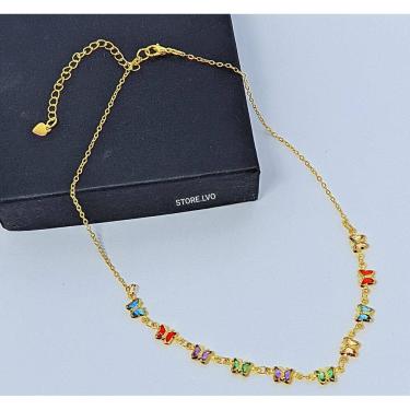 Imagem de Colar Choker Feminino com Pedras Cristais Borboletas Zircônias Coloridas Folheado Ouro Dourado Prata Luxo Tendência