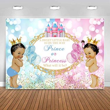 Imagem de Sensfun Príncipe Real ou Princesa Gênero Revelar Fundo Azul Rosa Castelo Bokeh Fotografia Fundo Ele ou Ela Unissex Chá de Bebê Revelar Decorações de Festa Meninos ou Menina Estande Foto Adereços 2,4 x