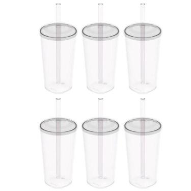 Imagem de Kit 6 Copos com Tampa e Canudo 500ml Crippa Transparente Plástico Água