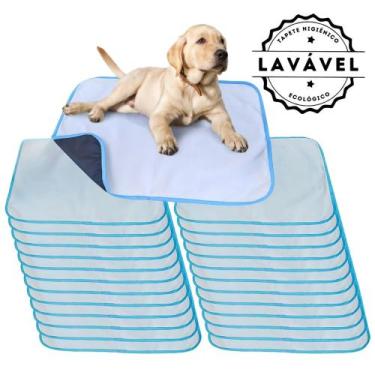 Imagem de Kit com 24 Fraldas de Câes p/Chão 70x50 Branco com borda Azul 200 Lava