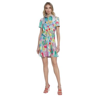 Imagem de Donna Morgan Gravata com colarinho, manga curta, cintura elástica | Vestidos de verão para mulheres, Azul/rosa florido, 38