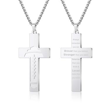 Imagem de Yifnny Colar masculino com cruz de futebol americano, versículo bíblico de aço inoxidável, fé religiosa, escrituras cristãs, pingente, corrente cruzada, primeira comunhão, batismo, joias esportivas,