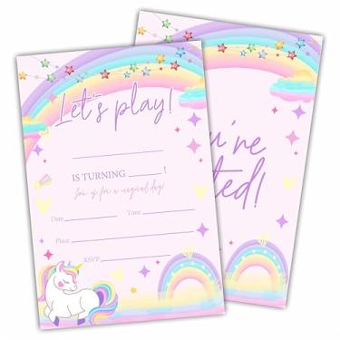 Imagem de dsjaidh Let's Play! Cartões de convite de aniversário com envelopes - unicórnio arco-íris - 20 peças de convites de aniversário de preenchimento dupla face para meninas, adolescentes, lembrancinhas de