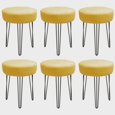 Imagem de Kit 06 Banquetas Puff Jullia Luxo 55cm Industrial Ferro Preto Corino Amarelo - Ahazzo Móveis