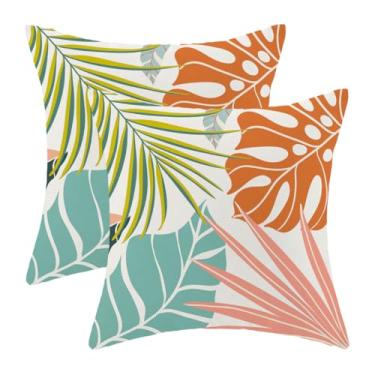 Imagem de Capas de almofada de folhas de palmeira de verão 45,7 x 45,7 cm, conjunto de 2 almofadas de folhas tropicais corais, laranja, monstera, verde, azul, tropical, botânica, decoração ao ar livre, capas de