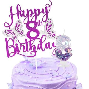 Imagem de Conjunto de velas de aniversário de borboleta para meninas, lantejoulas roxas, número de borboleta, 8 velas e glitter, topo de bolo de feliz aniversário de 8 anos para meninas, mulheres, comemorações
